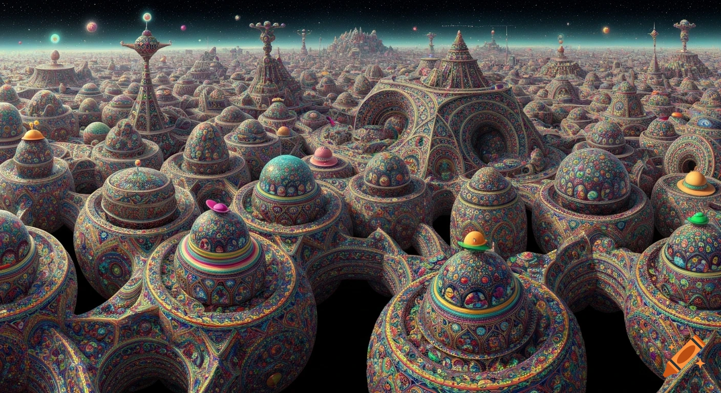A vibrant, ultra-detailed psychedelic landscape of ornate fractal structures, some with tiny hats, under a starry cosmic sky.