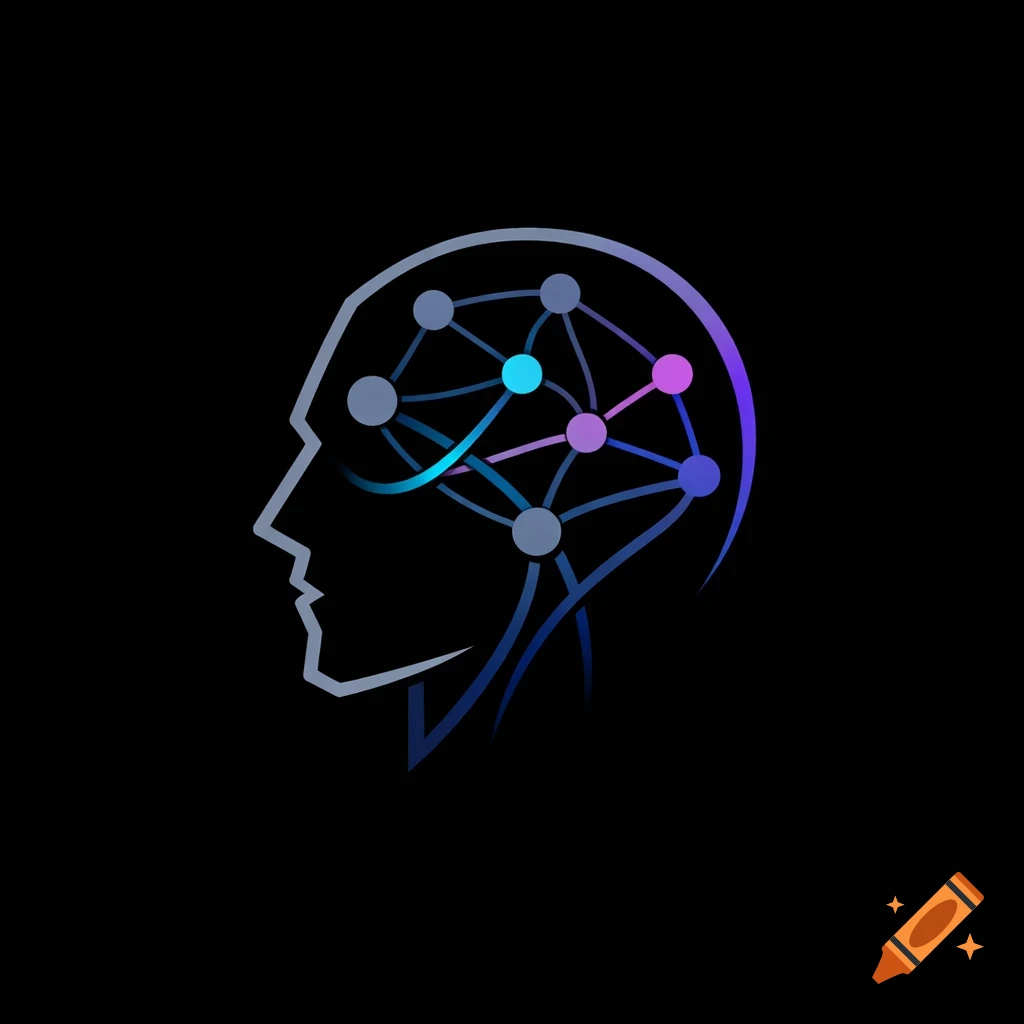 Stylized outline of a human head in profile with a glowing neural network inside, on a black background. Modern AI logo.