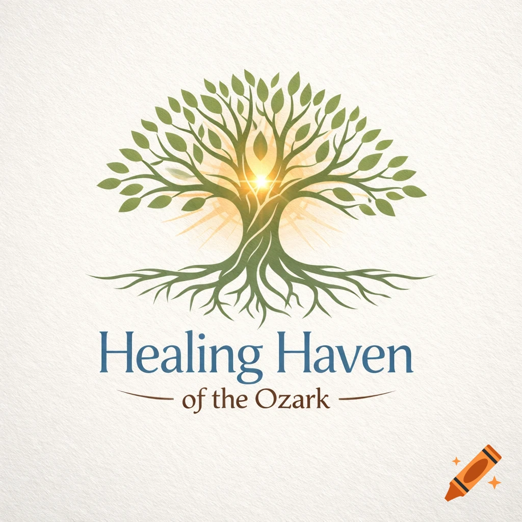 Logo of a green tree of life with glowing center and roots, above the text 'Healing Haven of the Ozark'.