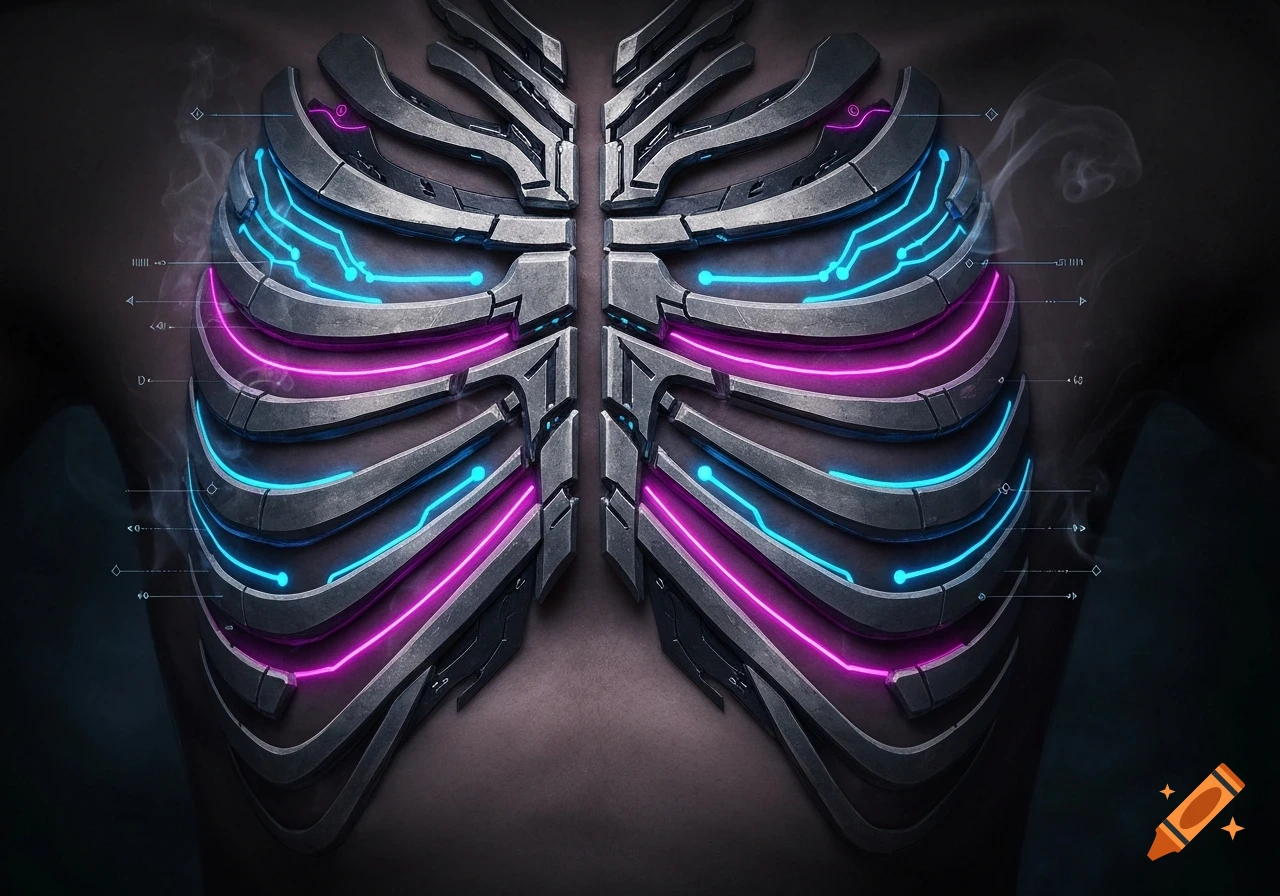 A close-up of a cyberpunk metallic rib cage overlay with glowing neon blue and pink lines on a human torso.