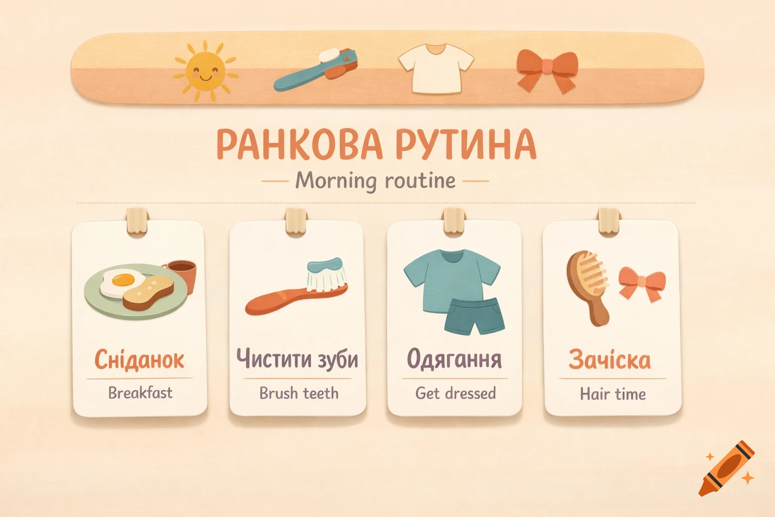 A cute, minimalist children's morning routine checklist with icons and text in Ukrainian and English.