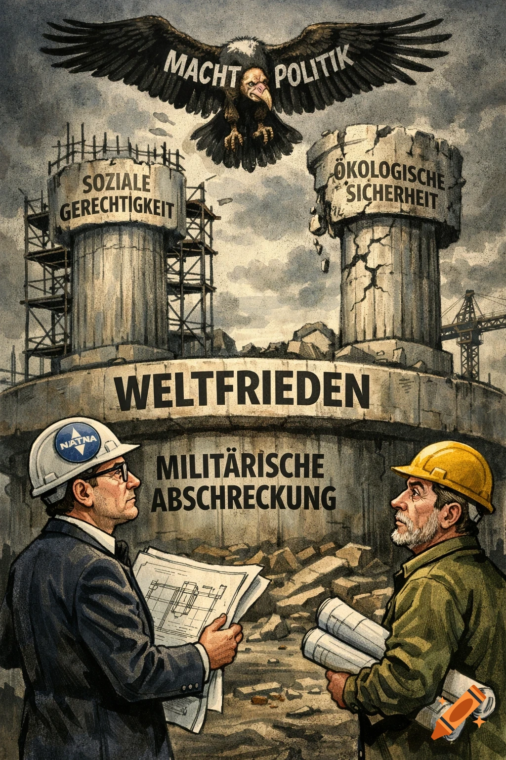 A political cartoon depicts two architects in hard hats before a construction site for "Weltfrieden" (World Peace). A vulture labeled "Macht Politik" (Power Politics) flies above, as pillars of "Soziale Gerechtigkeit" (Social Justice) and "Ökologische Sicherheit" (Ecological Security) crumble. One man's helmet has a mangled "NATO" logo, and the foundation is labeled "Militärische Abschreckung" (Military Deterrence).
