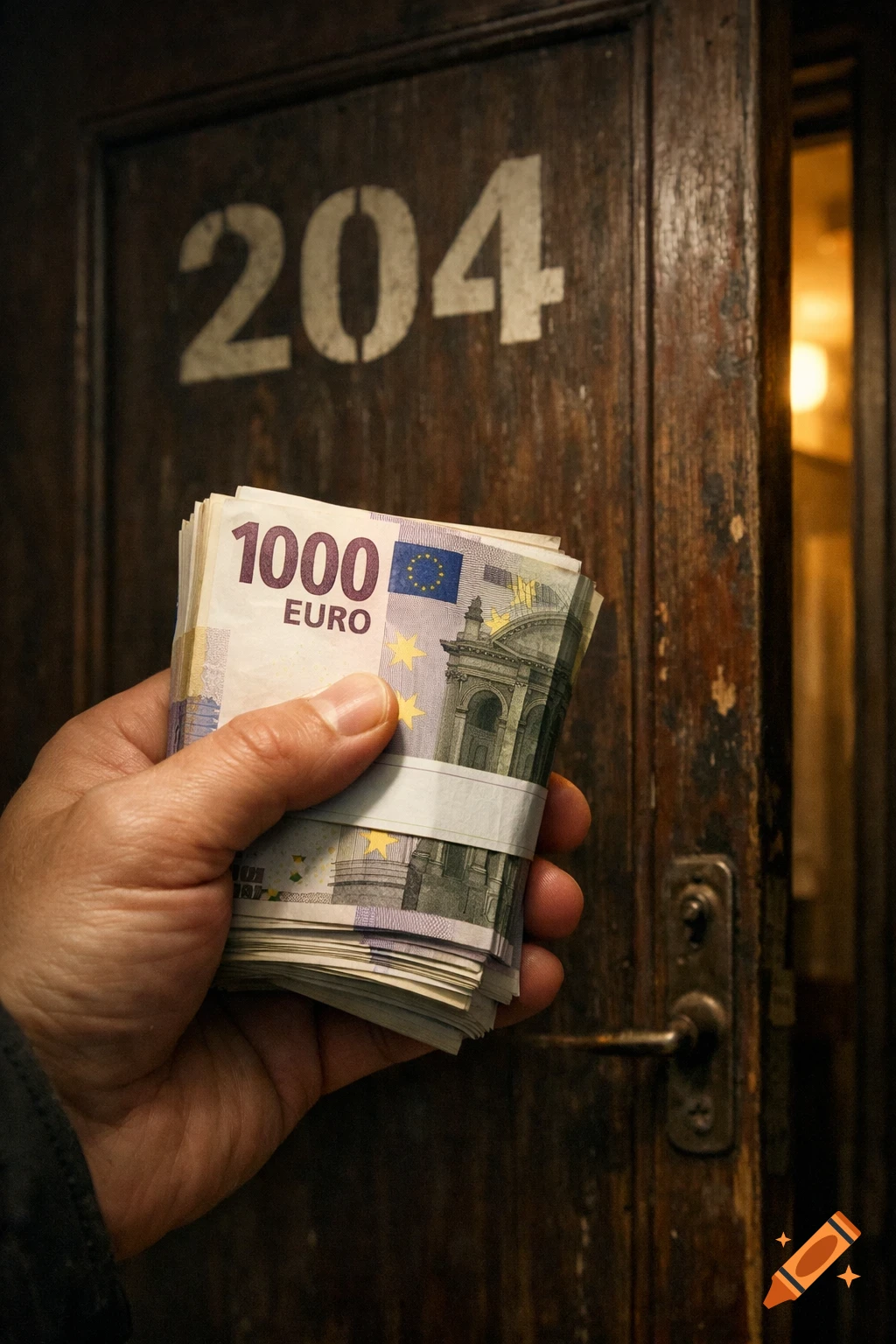 A hand holds a stack of 1000 Euro banknotes in front of an old wooden door with the number 204, slightly ajar.