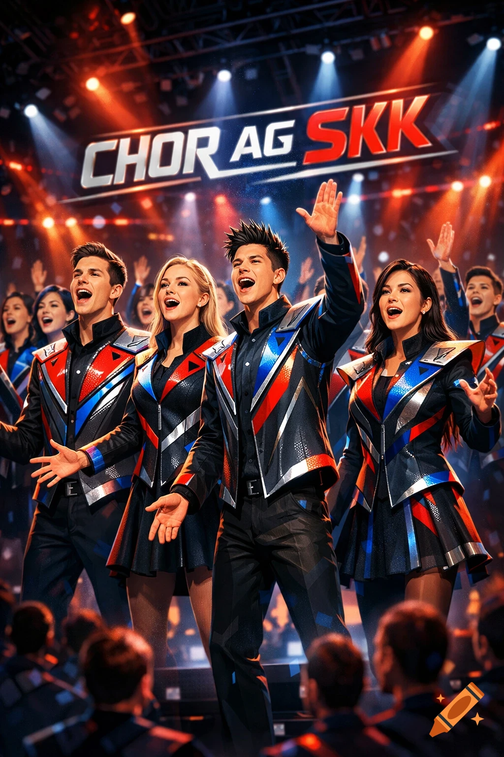 Young performers in colorful futuristic uniforms sing on a brightly lit stage with a 'CHOR AG SKK' banner.