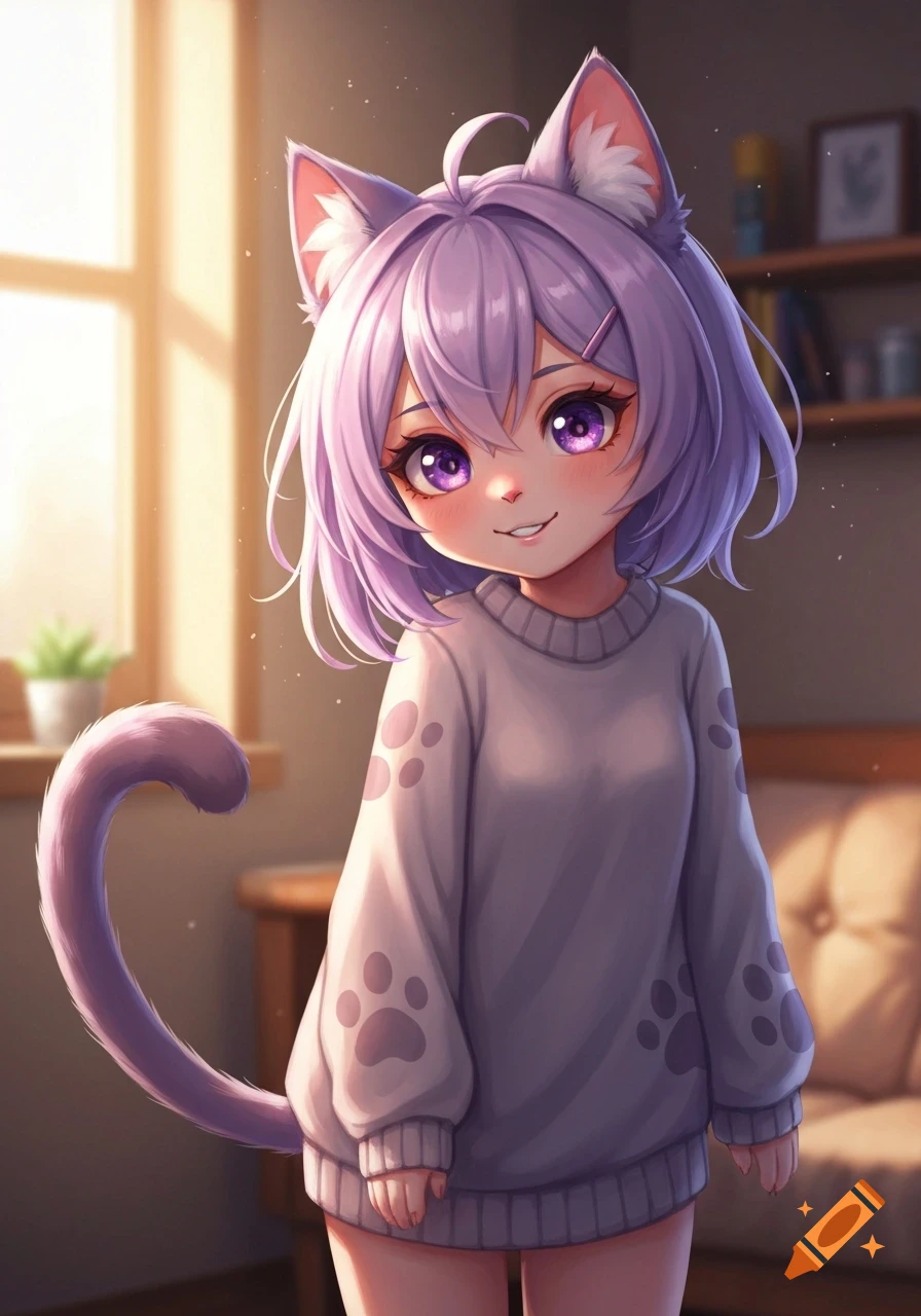 Anime catgirl with purple hair, cat ears, and tail, smiling in a light gray paw-print sweater, standing indoors.