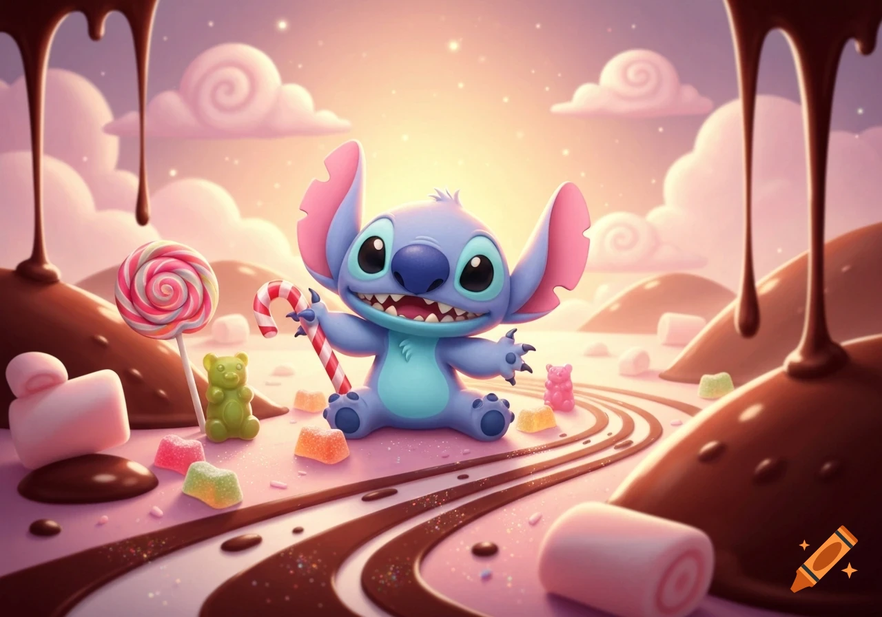 Cartoon Stitch sitting happily in a vibrant candy land, holding a candy cane, surrounded by chocolate rivers and various sweets.