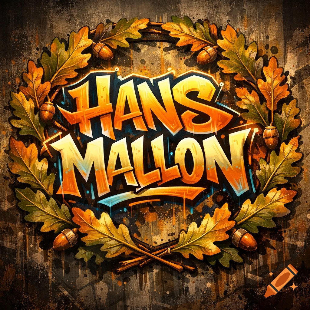 Graffiti-style text 'HANS MALLON' in orange and blue, surrounded by a wreath of oak leaves and acorns, on a grungy wall background.