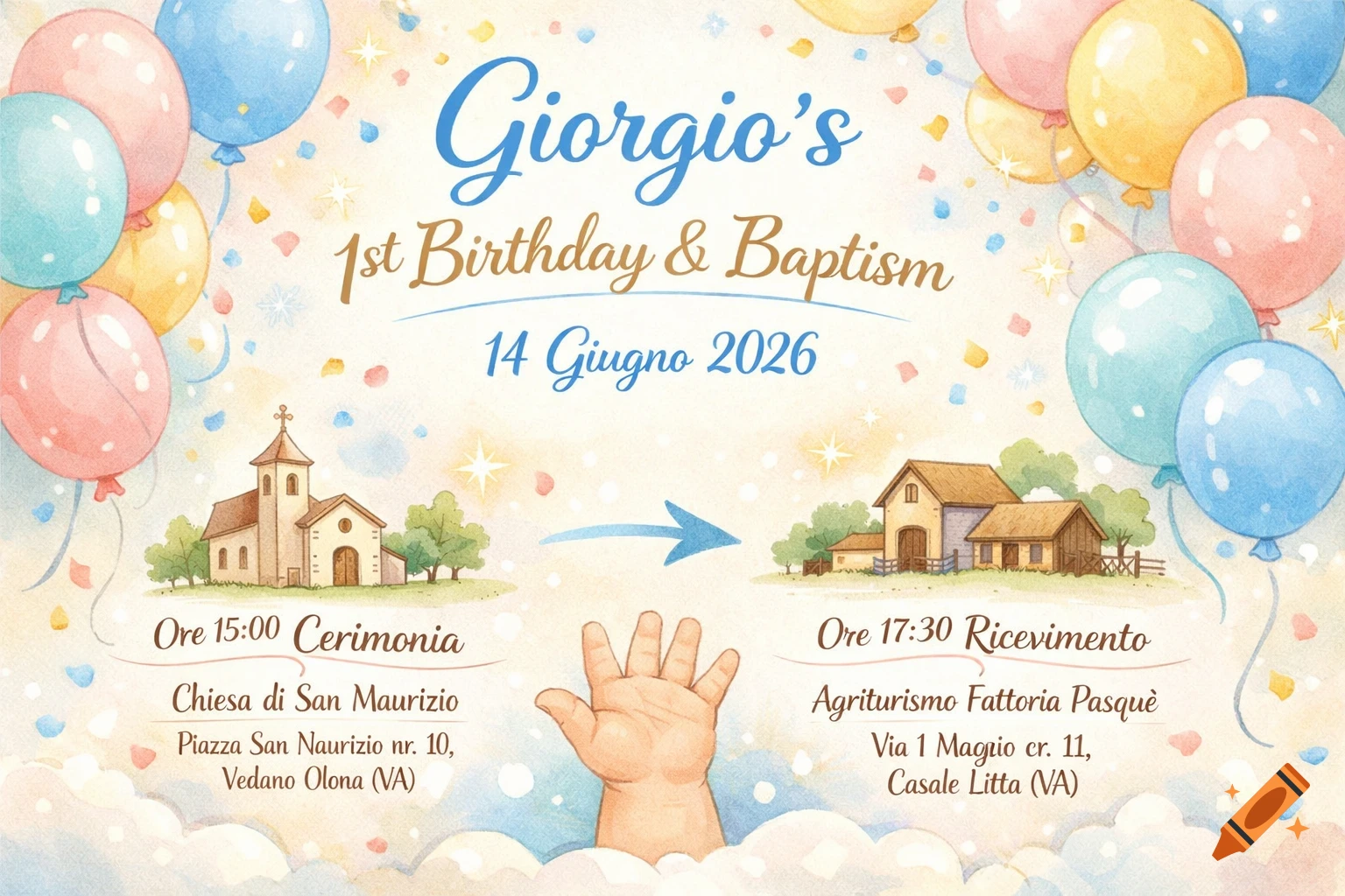 Watercolor invitation for Giorgio's 1st Birthday & Baptism with balloons, a church, a farm building, and a baby's hand reaching up.