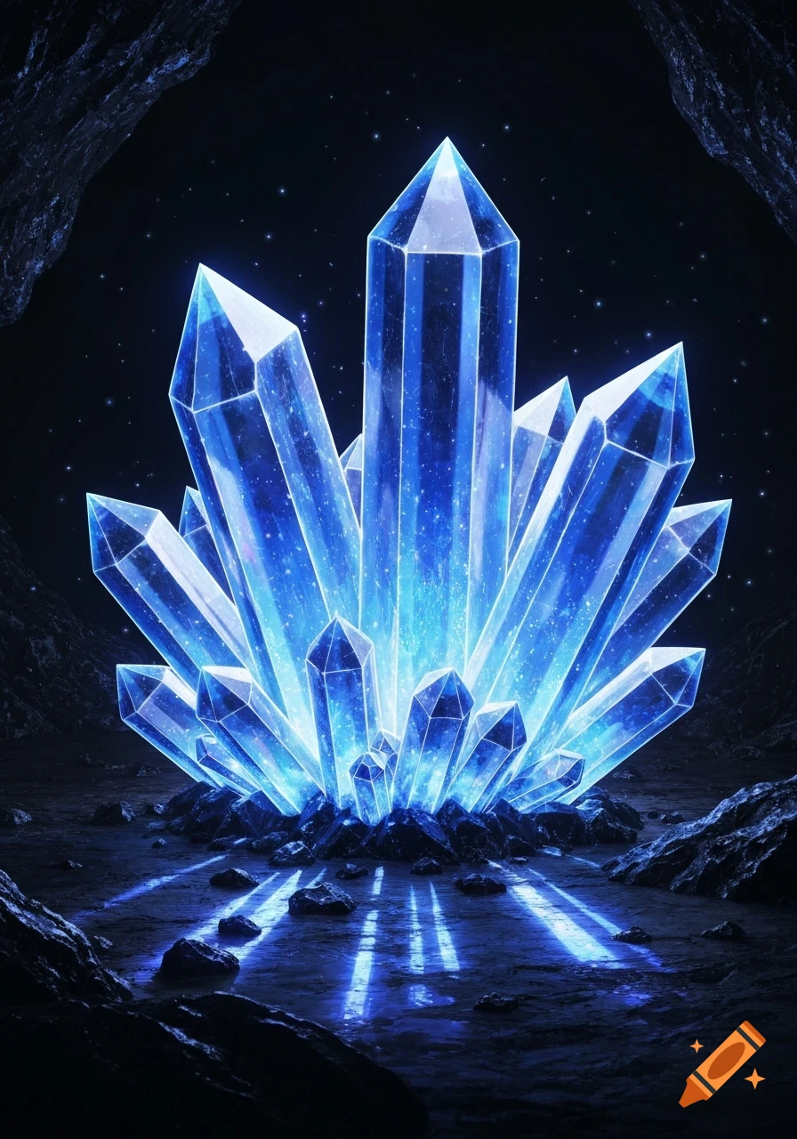 A cluster of glowing blue crystals illuminates a dark cave floor with a mysterious, ethereal light.