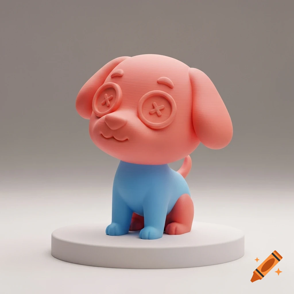 A cute pink and blue 3D rendered dog figurine with button eyes sits on a white pedestal.