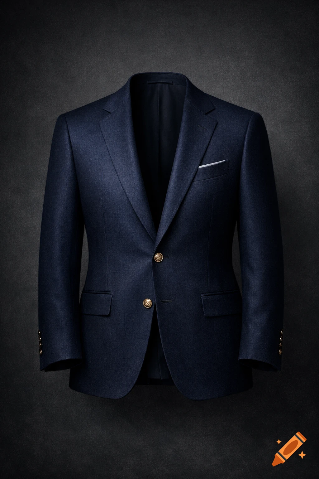 A dark navy blue blazer with two gold buttons and a white pocket square, perfectly tailored against a dark, textured background.