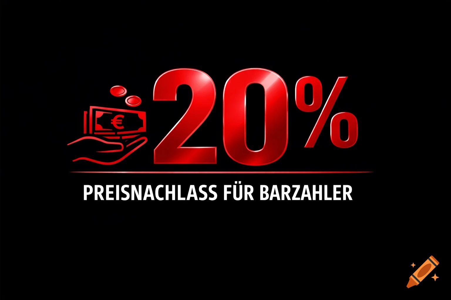 A red and black graphic announcing "20% Preisnachlass f R Barzahler" (20% discount for cash payers), with a hand holding euro money.
