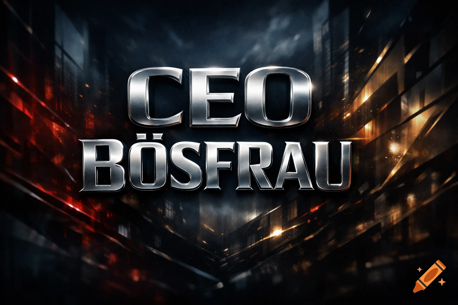 Dramatic metallic 3D text 'CEO BÖSFRAU' on a dark, industrial background with red and orange glows.