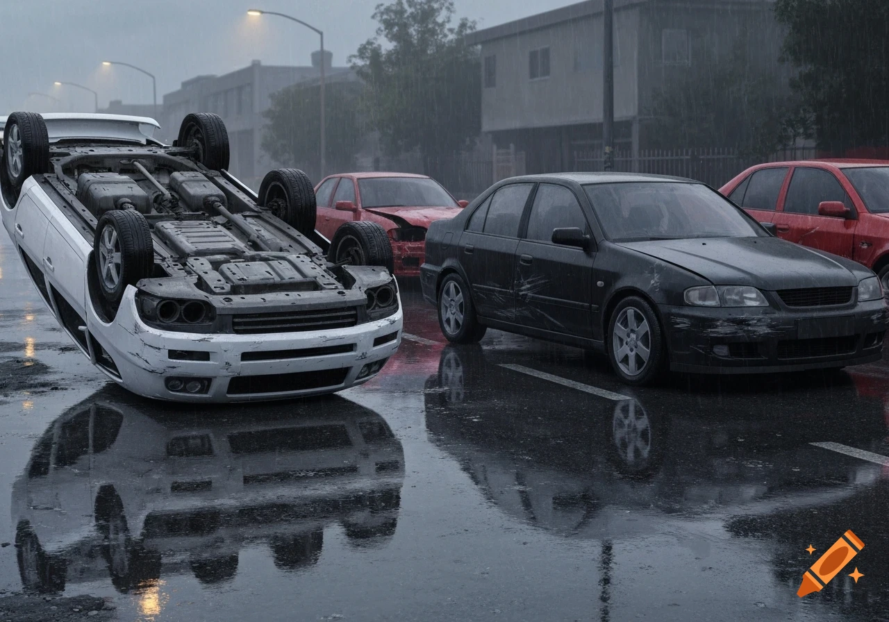 Photorealistic scene of a car crash on a rainy street: a white car is overturned, next to damaged red and black cars.