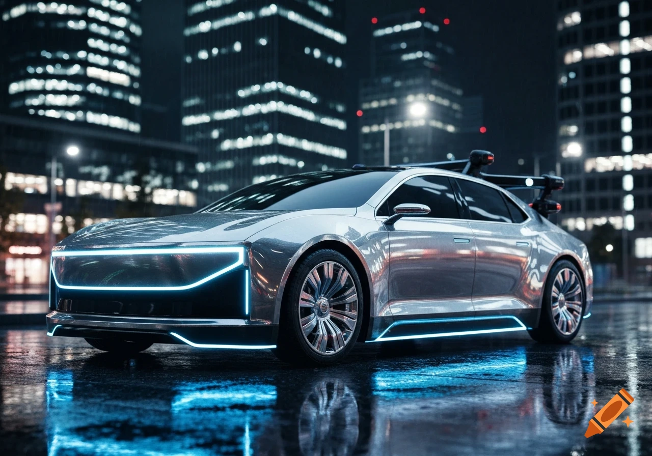 Silver futuristic car with neon blue lights on a wet city street at night, reflecting blurred city buildings.