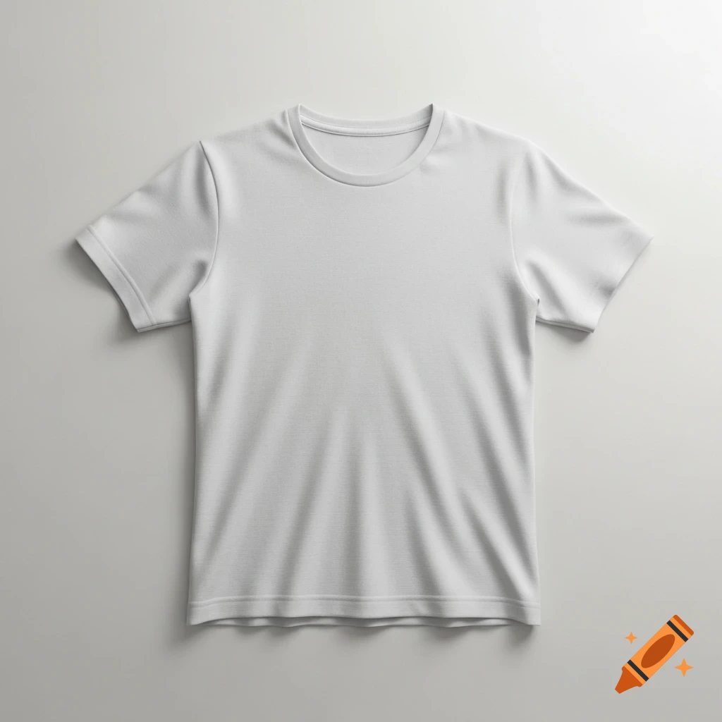 A plain white crew neck t-shirt laid flat on a light grey background.