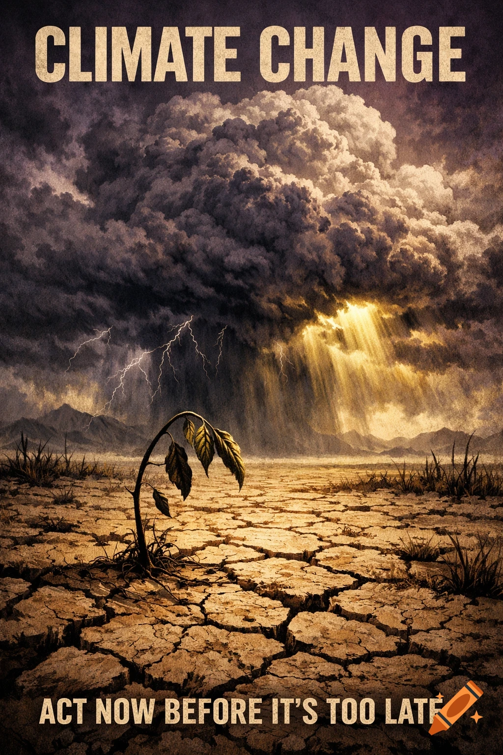 A poster shows a parched, cracked earth with a dying plant under stormy skies, lightning, and sun rays. Text reads: 'CLIMATE CHANGE' and 'ACT NOW BEFORE IT'S TOO LATE'.