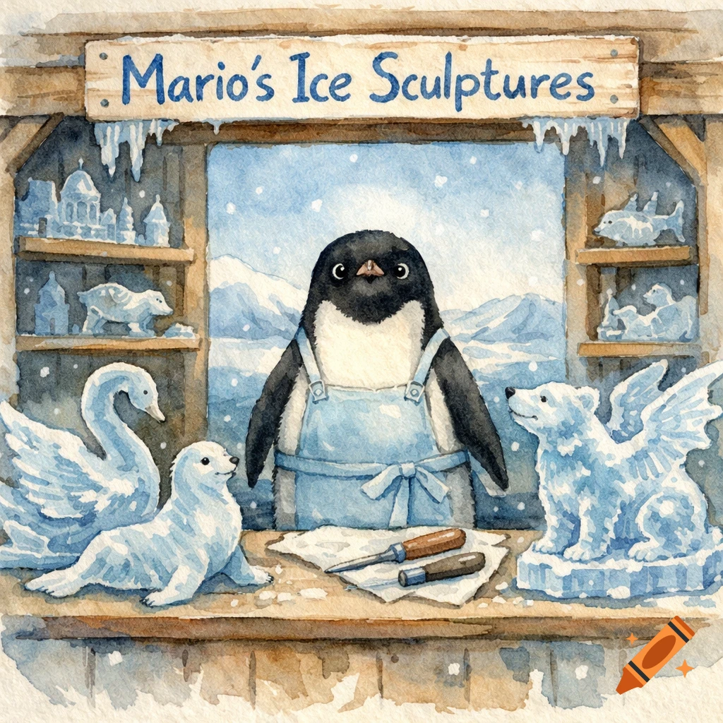 Watercolor of an Adelie penguin in an apron selling ice sculptures from his shop 'Mario's Ice Sculptures' in a snowy setting, with various animal sculptures.