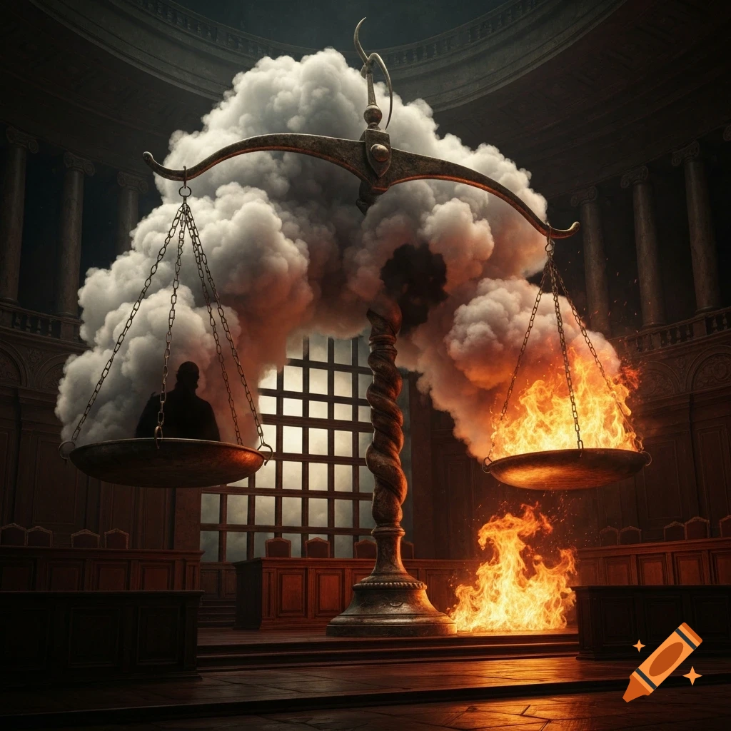 Oversized scales of justice in a baroque courtroom balance a shadowy figure in clouds and raging fire, with dramatic lighting.