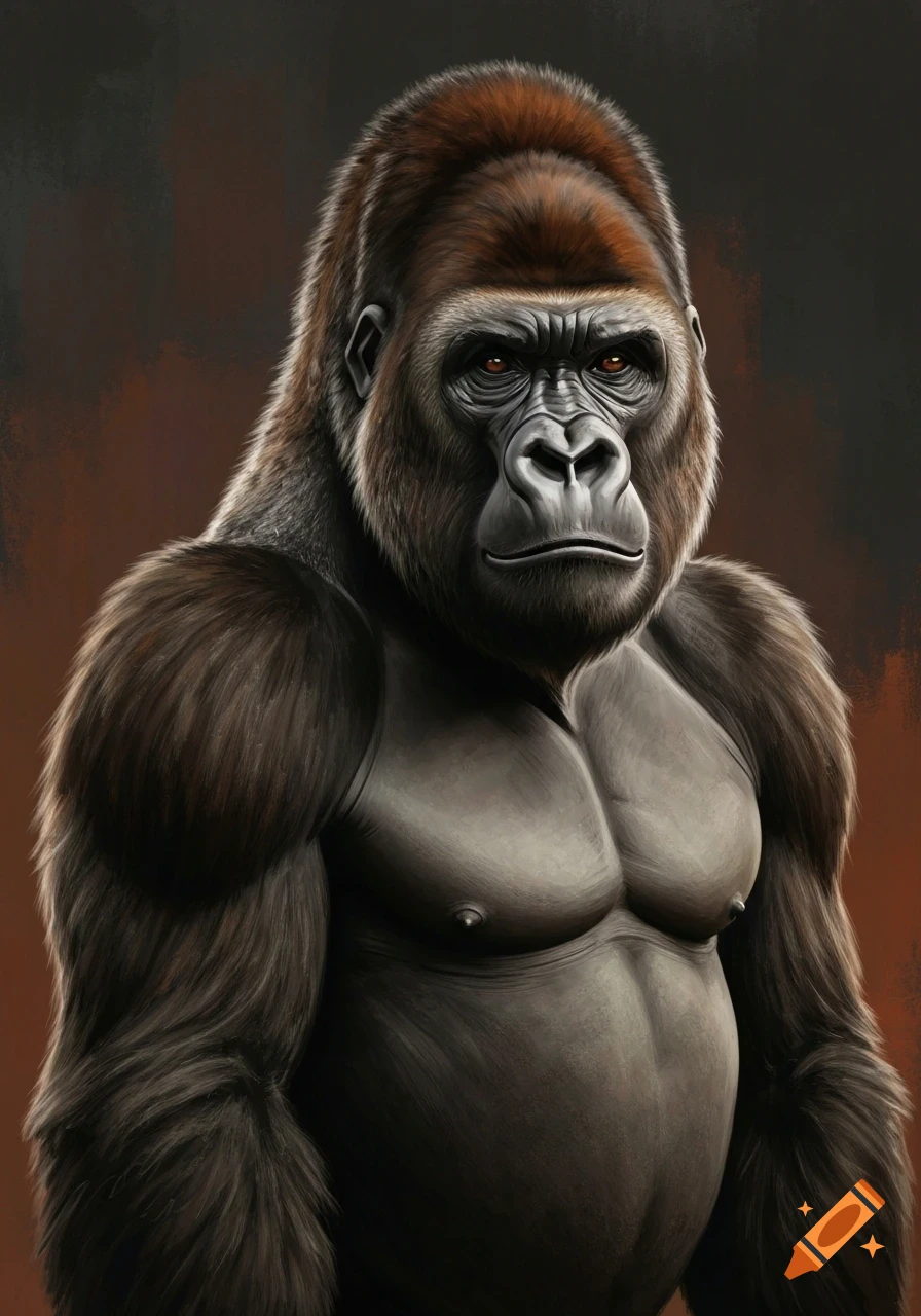 A powerful silverback gorilla with brown fur on its head and shoulders, looking intently forward against a dark, textured background.