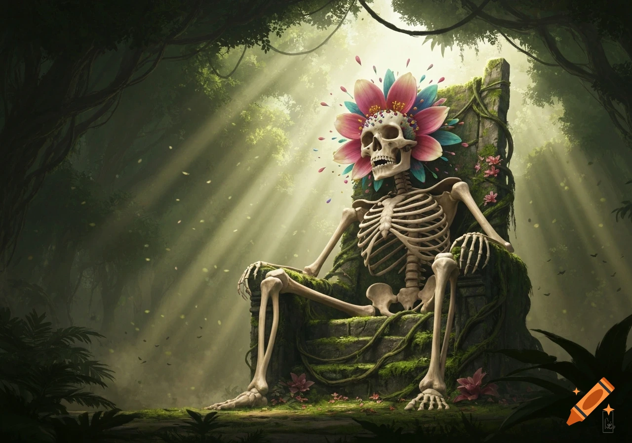 A skeletal figure with a vibrant flower crown sits on a mossy throne in a sunlit jungle.