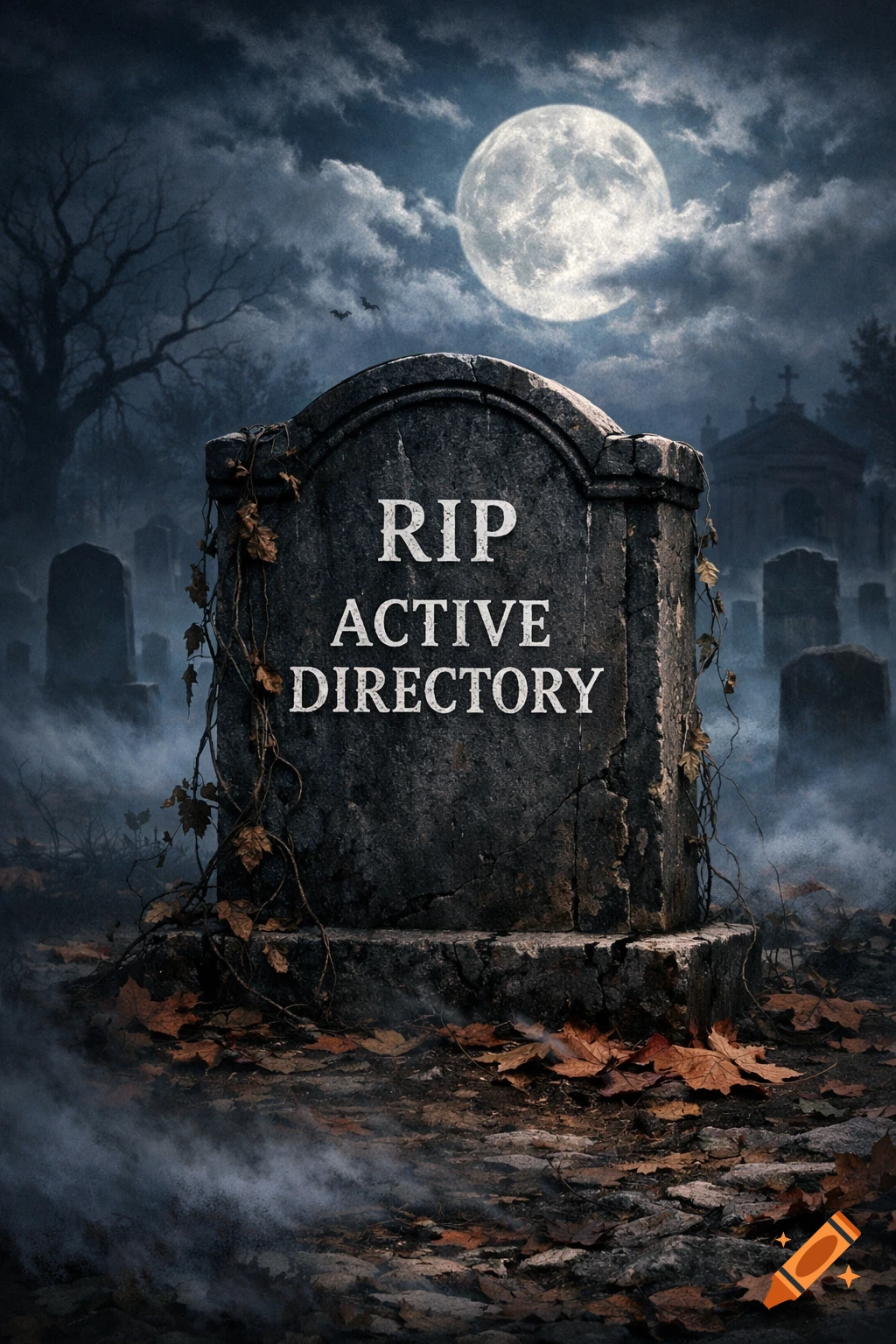 A dark, eerie cemetery at night with a full moon, featuring a tombstone that reads 'RIP ACTIVE DIRECTORY' amidst fog and leaves.