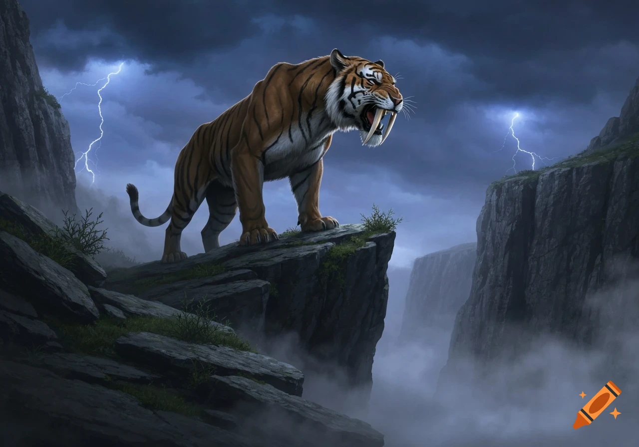 A menacing sabre-tooth tiger stands on a rugged cliff under a stormy sky with lightning, overlooking misty ravines.