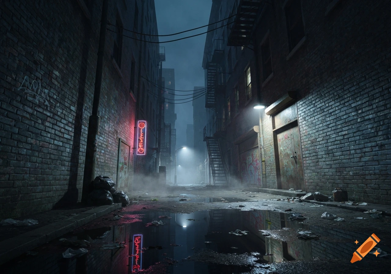 A dark, foggy urban alley at night with wet ground reflecting a red neon sign, lit by streetlights and featuring brick walls and fire escapes.