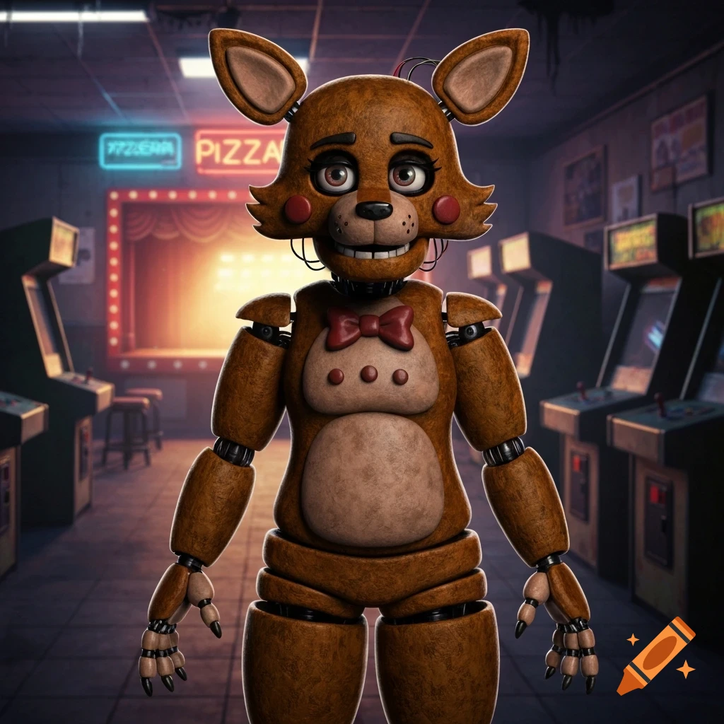 A brown animatronic fox-like character with a red bow tie stands in an arcade with glowing neon signs and game machines.