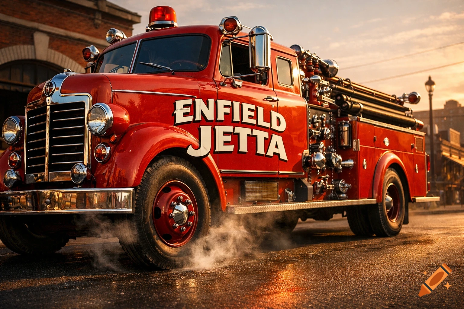 A vintage red fire truck with 'ENFIELD JETTA' painted on its side, exhaling steam from its wheels on a wet street at sunset, photorealistic.