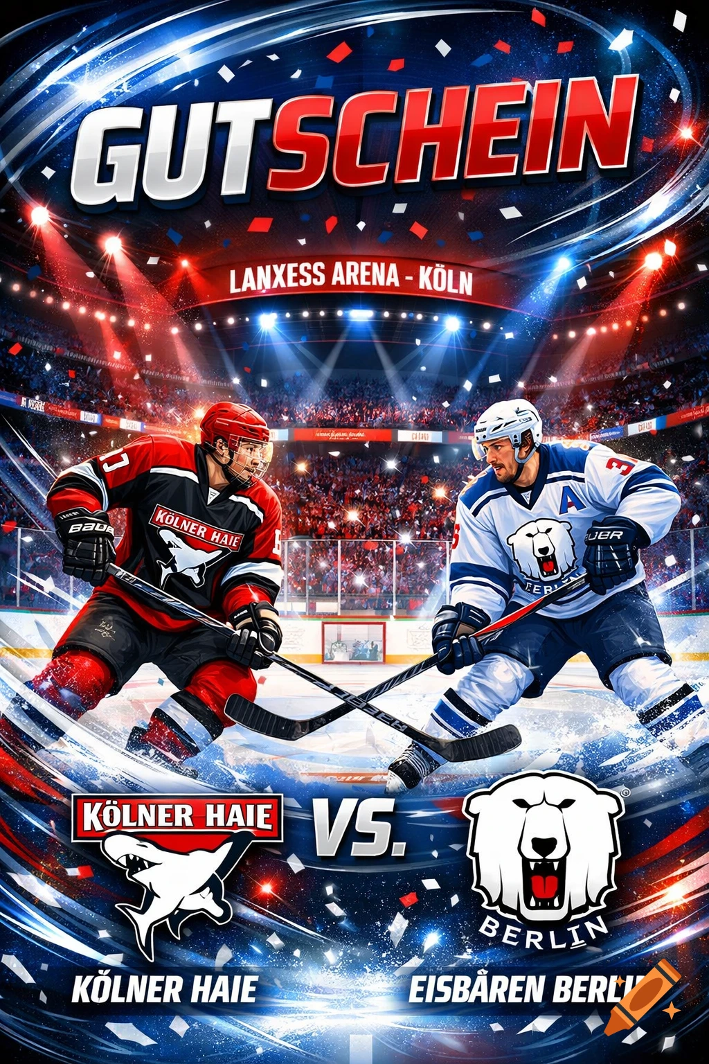 Voucher for an ice hockey game between Kölner Haie and Eisbären Berlin in Lanxess Arena, showing two players on ice.