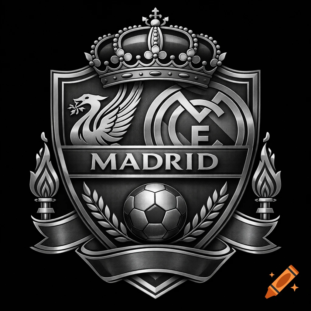 A silver metallic crest combining Liverpool and Real Madrid logos, featuring 'MADRID' text, a soccer ball, crown, and liver bird.