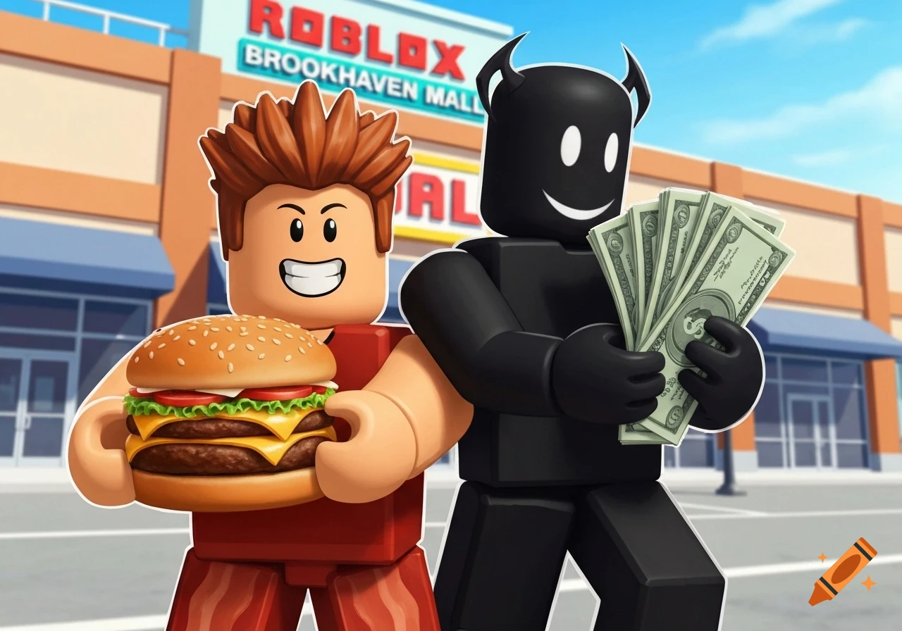 Roblox characters: a bacon hair holding a cheeseburger and a black devilish character holding money, standing in front of Brookhaven Mall.