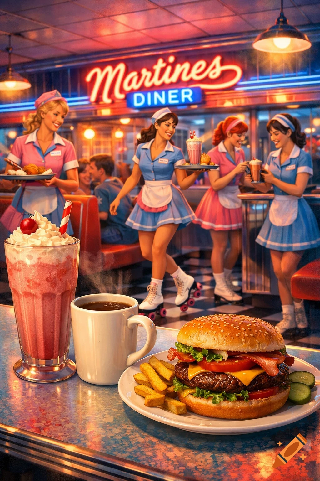 Vibrant retro diner scene with waitresses, milkshakes, coffee, and a burger, bathed in neon glow.