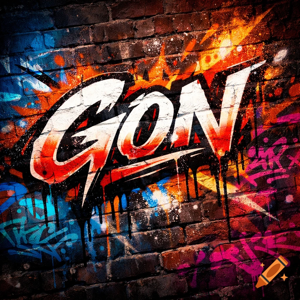 Graffiti art featuring the word 'GON' in white and red stylized letters on a brick wall with vibrant blue, orange, and pink spray paint.