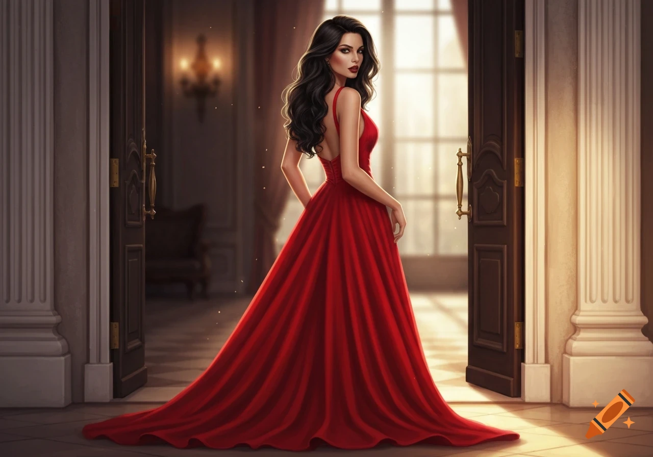 A woman with long dark hair in a flowing red gown stands in a doorway ...
