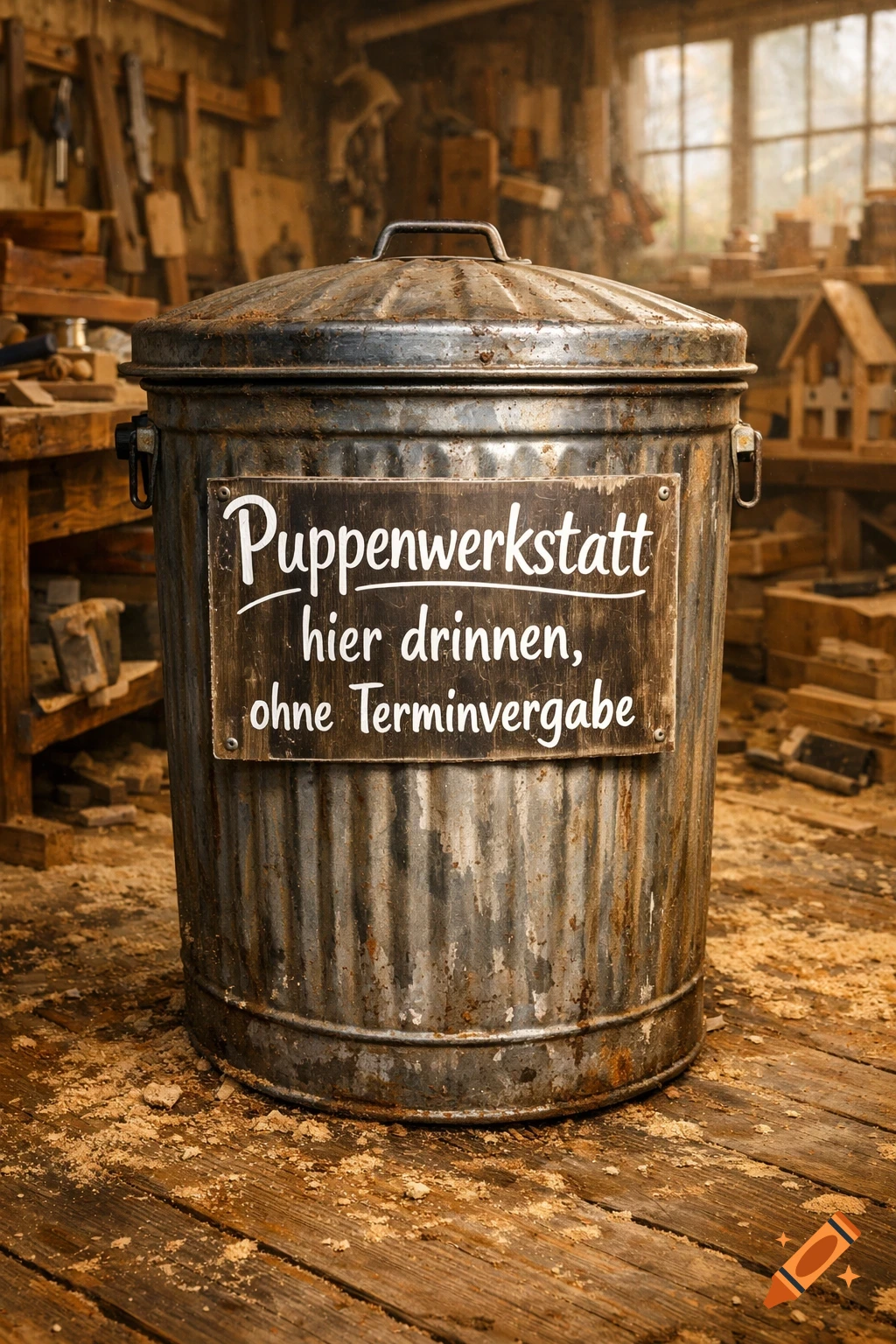 A rusty garbage can with a wooden sign reading "Puppenwerkstatt hier drinnen, ohne Terminvergabe" in a dusty wood workshop.