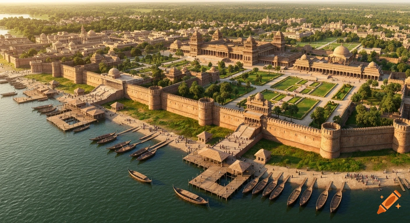 Aerial view of an ancient walled city with grand palaces, gardens, and docks along a river under golden afternoon light.