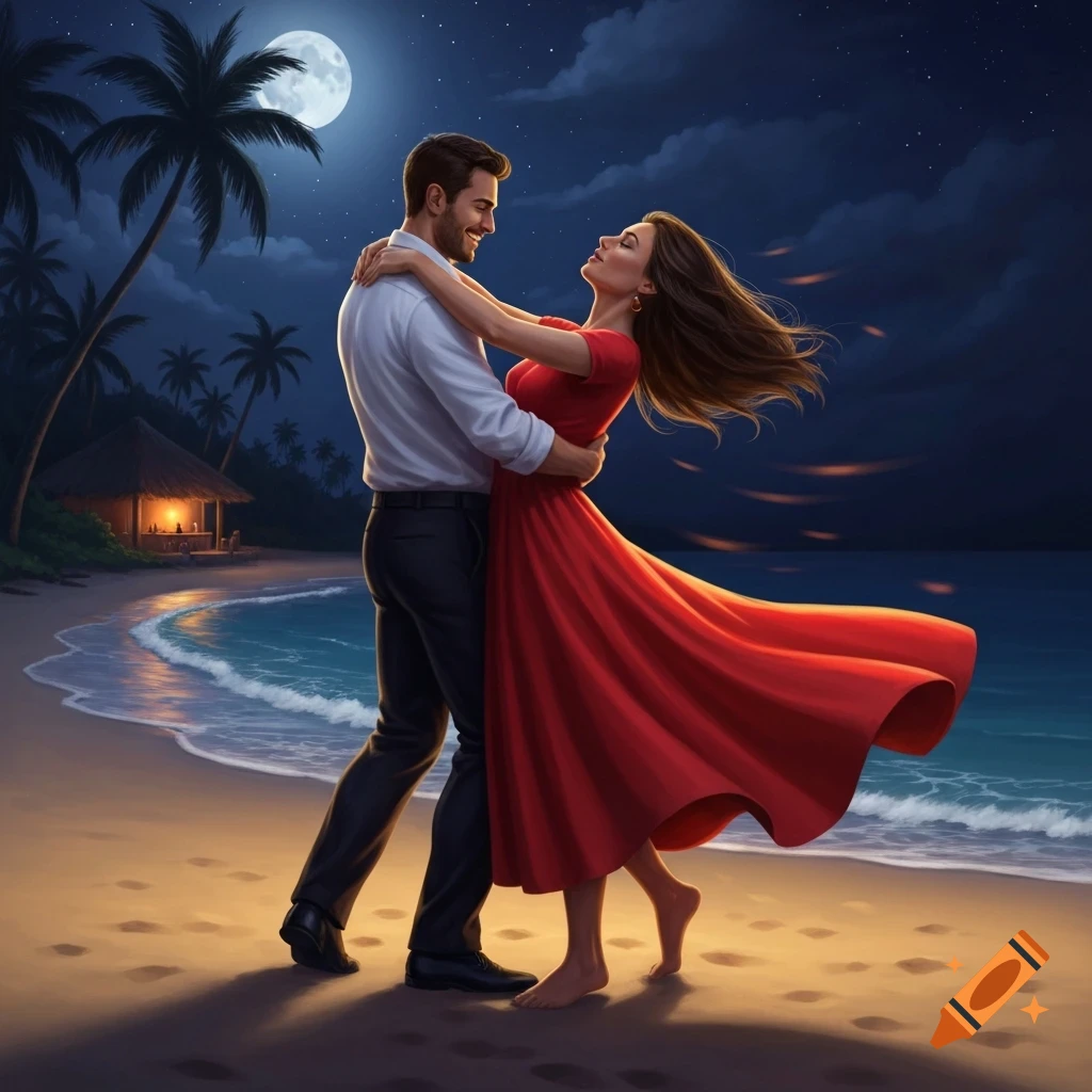 A man and woman dance intimately on a moonlit beach at night. The woman wears a red dress, and the man a white shirt.