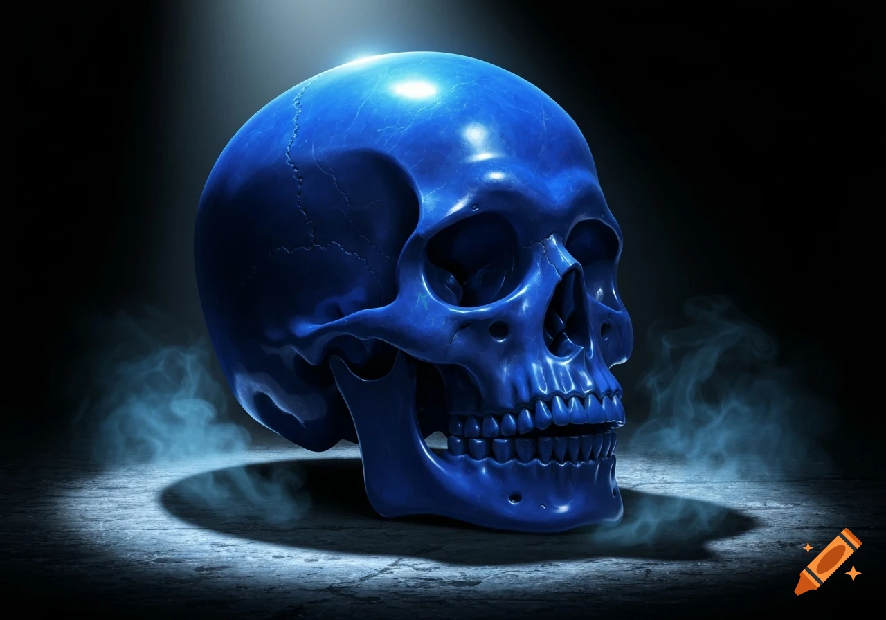 A glossy blue human skull stands on a dark, textured surface with blue mist and dramatic lighting.