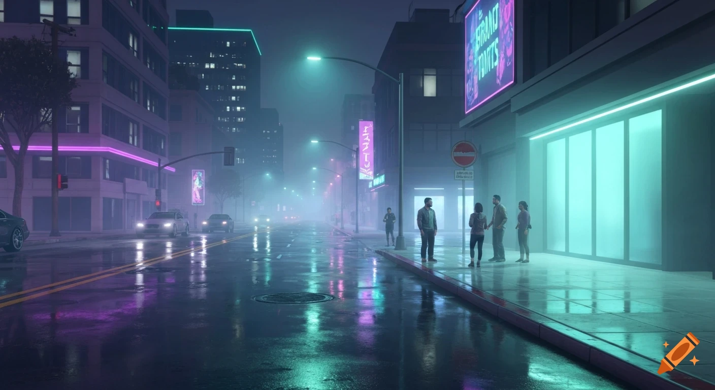 A stylized city street at night with wet asphalt reflecting vibrant neon lights in purple and teal. A few people stand on the sidewalk, with cars on the road and buildings illuminated by glowing signs through a light fog.
