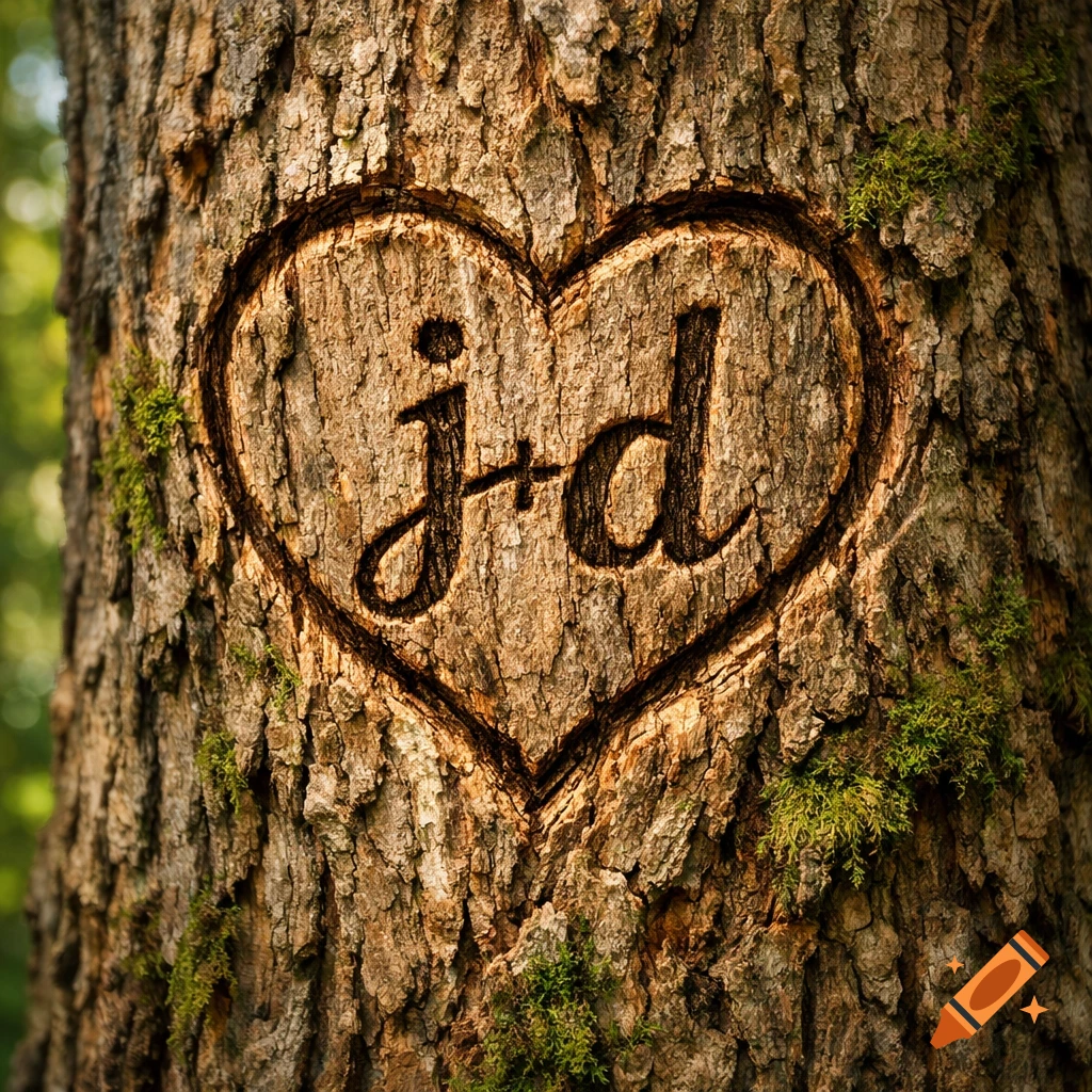 Lowercase initials 'j+d' carved into a heart shape on a textured tree trunk with green moss.