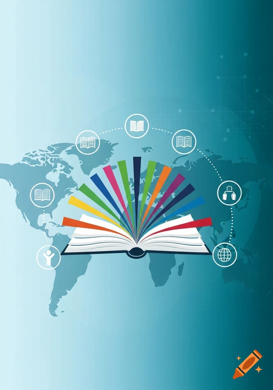 Stylized illustration of an open book with colorful pages over a world map, surrounded by educational icons, on a blue gradient background.