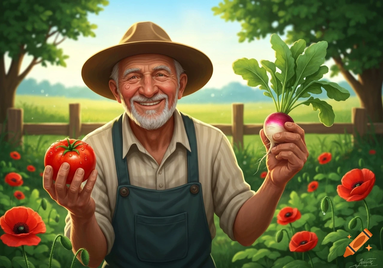 A smiling old farmer in a garden holds a fresh tomato and a radish, surrounded by red poppies under a sunny sky.