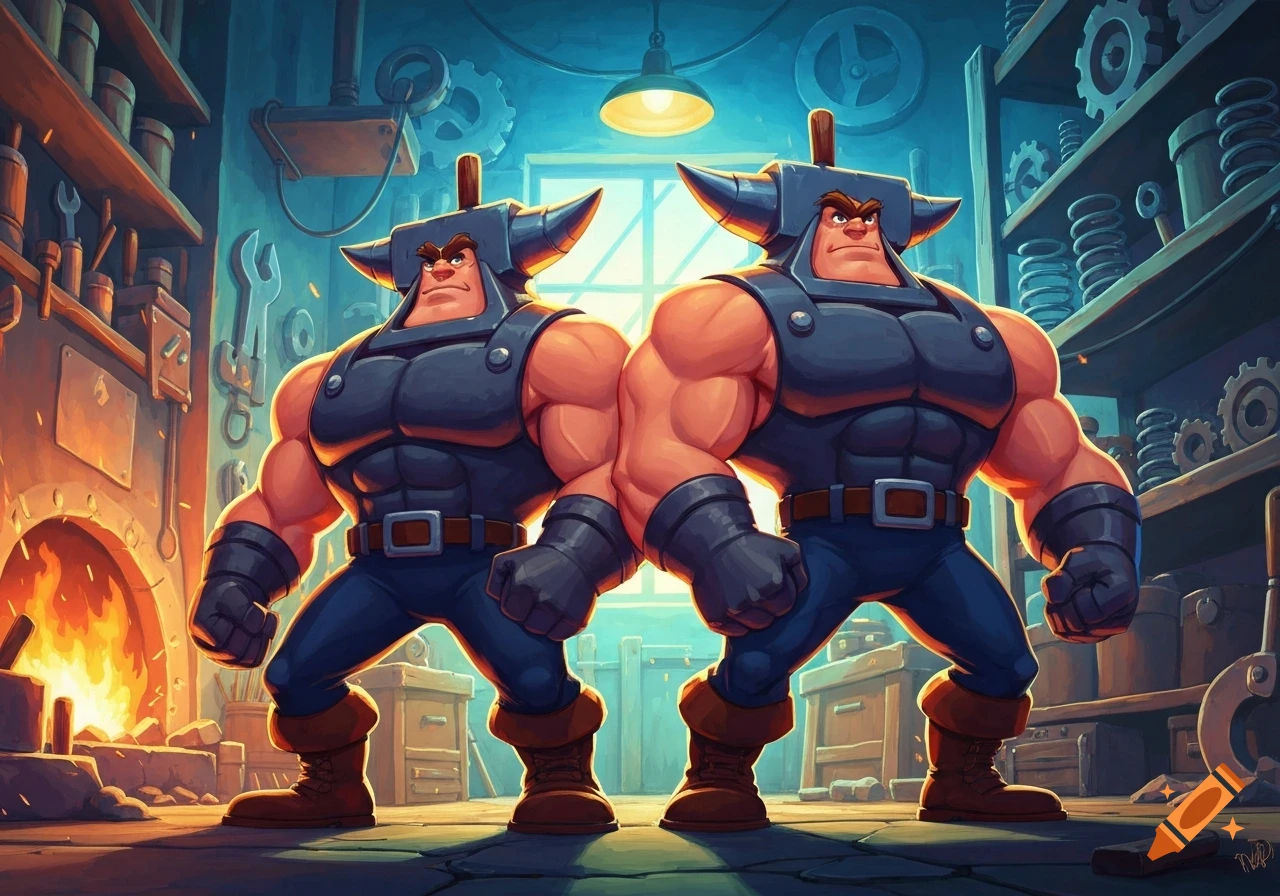 Two muscular, cartoon men with anvil helmets stand in a detailed workshop with a glowing forge.