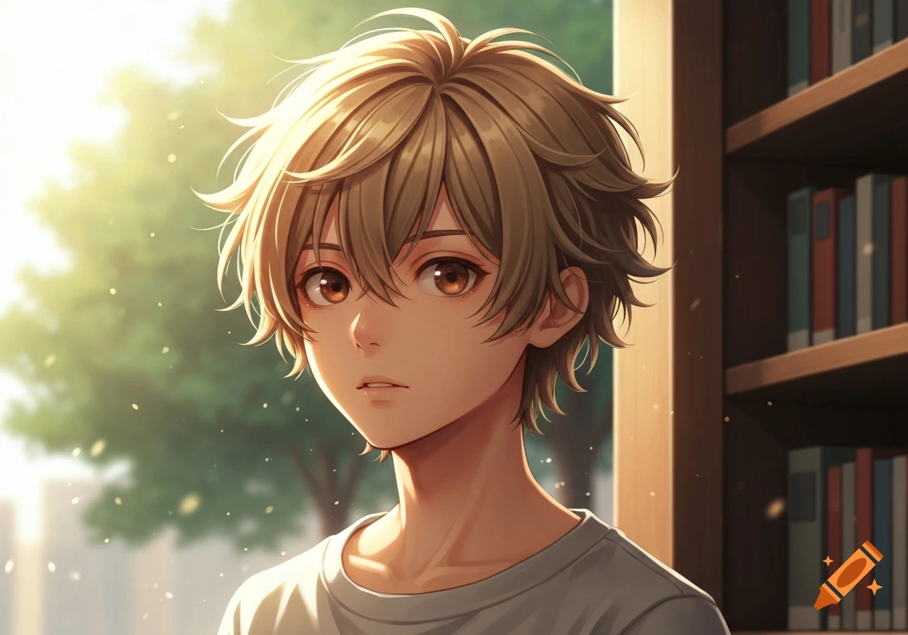 Anime portrait of a boy with messy light brown hair and brown eyes ...