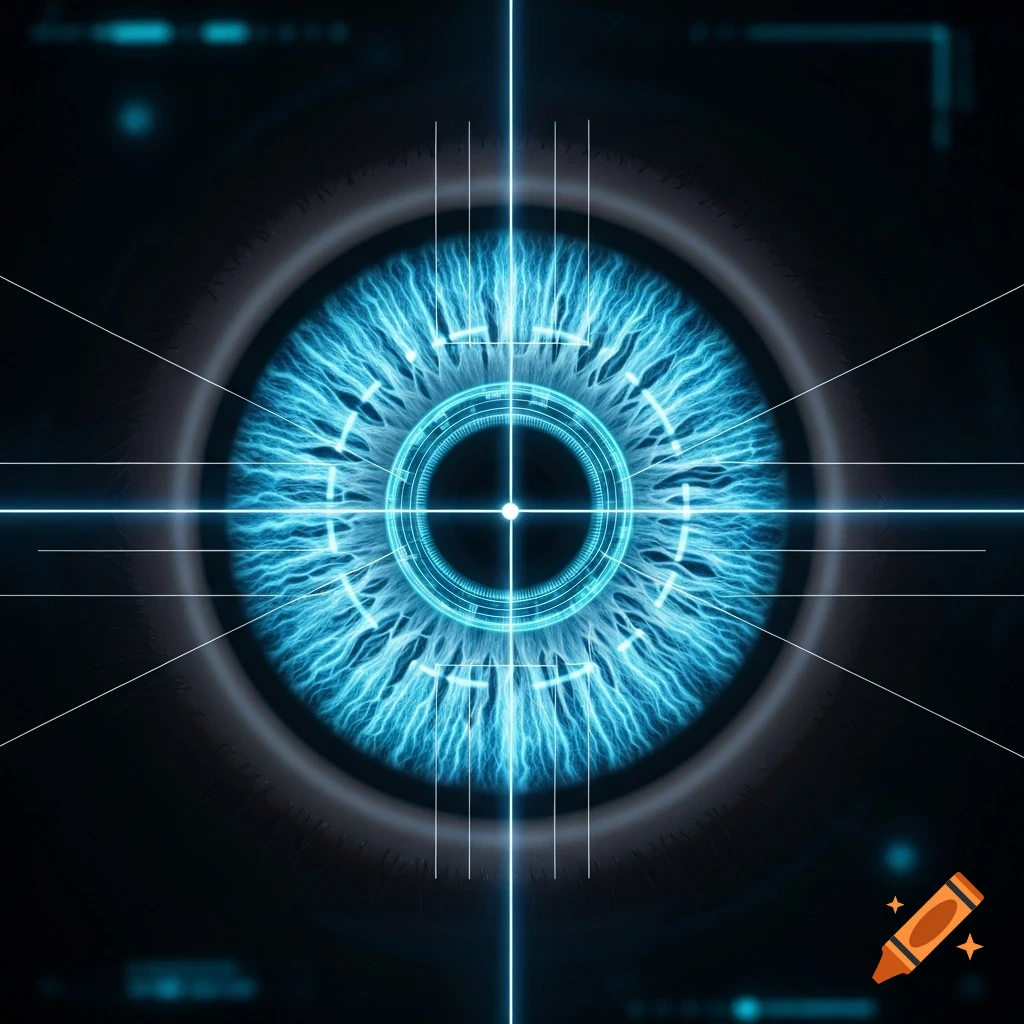 Close-up of a glowing blue eye with a futuristic digital retinal scan overlay.