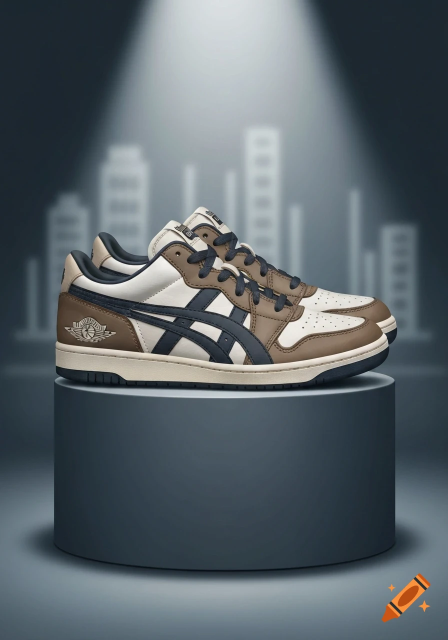 A pair of brown, white, and dark blue low-top sneakers displayed on a grey pedestal under a spotlight, with a blurred city skyline background. Photorealistic.