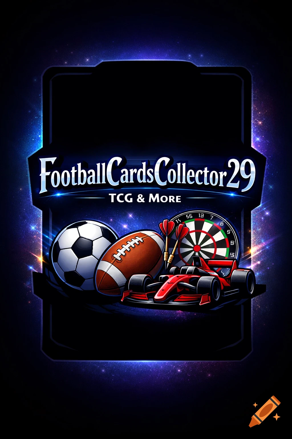 Graphic logo for FootballCardsCollector29 TCG & More, featuring a soccer ball, American football, dartboard, and Formula 1 car against a starry background.