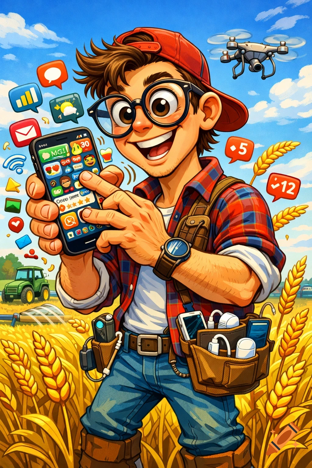 A colorful cartoon of a young man, a modern farmer, in a wheat field, using a smartphone with many app icons and social media notifications.